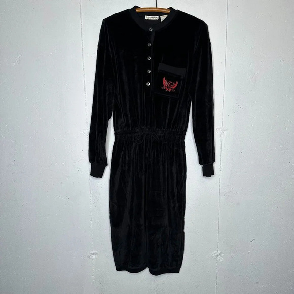 Vintage 90s Liz Claiborne Black Velvet Velour Casual Dress Large - Picture 1 of 8